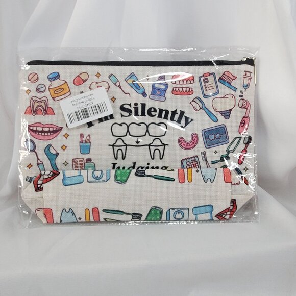 Dental-Themed Cosmetic Bag Canvas Zipper Pouch "Im Silently Judging Your Teeth" - Picture 3 of 5